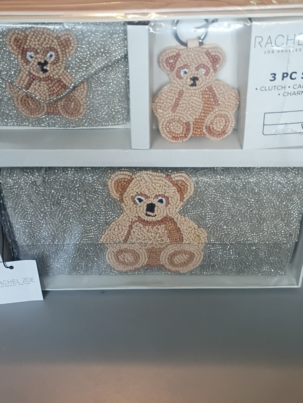 Rachel Zoe Silver Glitter Teddy Bear Clutch & Keychain Set with Card Case Adults